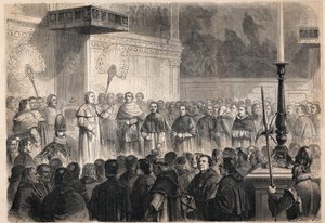 Audiencja papieża Piusa IX (Pio) (1792-1878) obcym duchownym w Kaplicy Sykstyńskiej (cappella sistina) w Rzymie z okazji uroczystości kanonizacyjnych 26 „męczenników Japonii”, grupy katolików ukrzyżowanych w Japonii w 1597 autorstwa Unknown artist