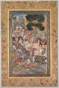 Spotkanie Babura z sułtanem Ali Mirzą nad rzeką Kohik, z Babur-nama (Wspomnienia Babura) autorstwa Unknown artist