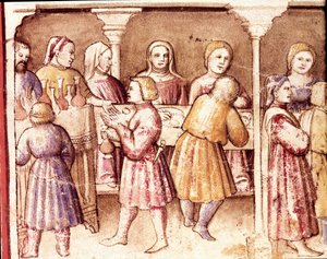 Scena bankietowa w bogatej rezydencji Padwy Miniatura z kodeksu 212 (lub kodeksu padovano lub Biblii z Padwy) 1390-1400 Rovigo, Accademia dei Concordi autorstwa Unknown artist