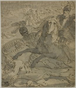Scena bitwy z szarżującym generałem na koniu na pierwszym planie, artyleria i armaty w tle autorstwa Unknown artist