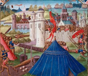 Scena bitewna Miniatura Kartaginy z „” Historii Rzymu”” (Ad urbe condita) Tite Live (59 pne-17 ne) (Titus Livius), przekład Pierre Bessuire 1450-1500 Chantilly, Musee Conde autorstwa Unknown artist