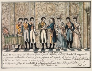 Wywiad Bayonne w 1808 roku po powstaniu Aranjuez, w którym abdykacja króla Hiszpanii Karola IV oddała tron Napoleonowi I przed jego synem Ferdynandem VII (Fernando VII) autorstwa Unknown artist