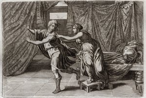 Biblia Royaumont, Stary Testament: Chastete Józefa. Józef nagabywany przez żonę Putifara (Potifara) i osadzony w więzieniu. Ilustracja z 1811 roku. autorstwa Unknown artist