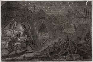 Biblia Royaumont, Stary Testament: Dawid ratuje Saula. Dawid trzyma Saula w swoich rękach, ale go nie krzywdzi. Po prostu bierze włócznię i kubek. Ilustracja z 1811 roku. autorstwa Unknown artist