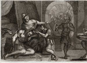 Biblia Royaumont, Stary Testament: Śmierć Samsona. Samson odkrywa, że Dalila tkwi w jej włosach. Obcina mu włosy i wprowadza do pokoju filistyńskich żołnierzy. Ilustracja z 1811 roku. autorstwa Unknown artist