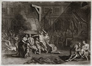 Biblia Royaumont, Stary Testament: Męczeństwo Machabeuszy. Siedmiu braci Machabeuszów jest męczennikami, zamiast zdradzić własną wiarę. Ilustracja z 1811 roku. autorstwa Unknown artist