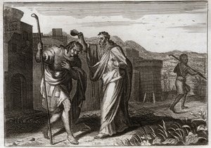 Biblia Royaumont, Stary Testament: Rytu Saula. Samuel, z rozkazu Bożego, święty Saul został królem Żydów. Ilustracja z 1811 roku. autorstwa Unknown artist