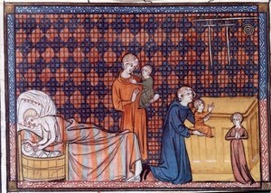 Narodziny i wykształcenie króla Francji Ludwika IX lub św. Ludwika (1214-1270). Miniatura z rękopisu „Życie i cuda św. Ludwika” autorstwa Wilhelma św autorstwa Unknown artist