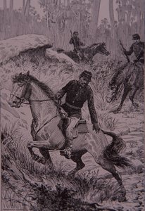 Czarni tropiciele ścigający buszrangerów w Australii (grawerowanie) autorstwa Unknown artist