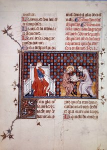 Blanche de Castille, królowa Francji (1188-1252), kierująca edukacją jej syna Ludwika IX (1214-1270) (Miniatura św. Ludwika z rękopisu „Życie i cuda św. Ludwika” Wilhelma z Saint Pathus. 1320. Paryż , B.N. autorstwa Unknown artist