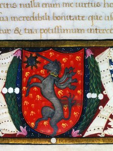 Blazon zdobi jednorożca, gwiazdę na czerwonym tle. Szczegół miniatury. 14 wiek autorstwa Unknown artist