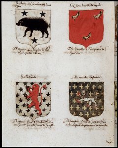 Blazony Rycerzy Okrągłego Stołu: 1. Brallain, rycerz z dwoma huśtawkami, 2. Rycerz Norgales, 3. Gallehault, 4. Amorat Lystenois. sd. 19 wiek. autorstwa Unknown artist