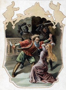 Niebieska broda. Opowieść o Charlesie Perrault. 1697. Chromolitografia z końca XIX wieku. Naklejka „Tanie tanio””. „Niebieskobrody próbuje zamordować swoją żonę, która próbowała wejść do gabinetu, w którym znajdują się zamordowane przez niego żony, aby uka autorstwa Unknown artist