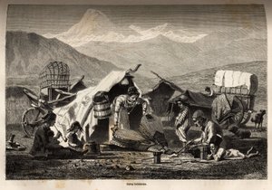 Obóz czeski. Rycina ilustrująca podróż po prowincjach Kaukazu, Basile Vereschaguine, w latach 1864-1865, opublikowana w „Le tour du monde, nouveau journal des voyages” pod redakcją Edouarda Chartona autorstwa Unknown artist