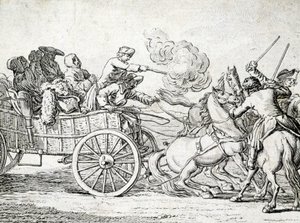 Bandyci atakujący pasażerów na wozie. Grawerowanie przez 18 wieku anonimowe. autorstwa Unknown artist
