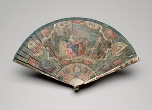 Wachlarz Brisé z motywami wróżki i chinoiserie, ok. 1700-25 (gwasz na ostrzach z kości słoniowej, jedwabna wstążka, szylkret, wklejane klejnoty i mosiężna pętelka) autorstwa Unknown artist