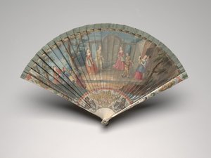 Wachlarz Brisé ze sceną Komedii Włoskiej, ok. 1700-25 (gwasz na ostrzach z kości słoniowej lub kości, jedwabna wstążka, złocenia, masa perłowa i mosiądz) autorstwa Unknown artist