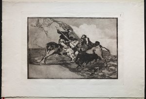 Walki byków: sposób, w jaki starożytni Hiszpanie polowali na byki na koniach na otwartym terenie autorstwa Unknown artist
