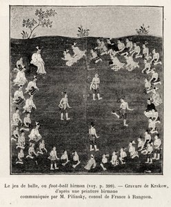Birmańska piłka nożna lub gra w piłkę. Grawer krakowski ilustrujący opowiadanie „Piętnaście dni w Birmie” E. Cavagliona, w 1886, w Le tour du Monde 1892, reżyseria Edouard Charton (1807-1891), Hachette, Paryż. autorstwa Unknown artist