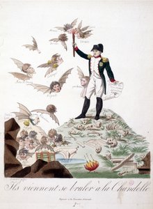 Karykatura o Napoleonie I przedstawiona na wzgórzu pokrytym szkieletami i trzymająca świecę palącą skrzydła postaci (Merlin de douai, Regnault...) przedstawionych w nietoperzu. - w Napoleonie I, karykatury, kolekcja manekinów. 1814 - 1815. B.H.V.P. autorstwa Unknown artist