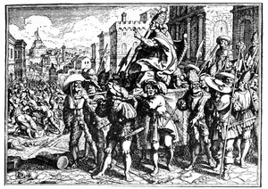 Karykatura o papieżu Innocentym I podczas najazdu i plądrowania Rzymu przez króla Wizygotów Alaryka I w 410 (Sac of Rome). Grawerowanie - w „Kroniki Goffredo”. autorstwa Unknown artist