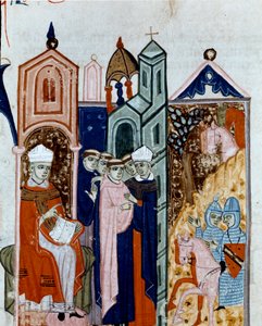 Ceremonia przyjęcia habitu miniaturowego mnicha z „Decret de Gratien” („Concordia discordantium canonum” lub „Decretum Gratiani”) z 1140 r. regulująca prawa i kanony Kościoła rzymskokatolickiego. XIV-wieczna Cesena Biblioteca malatesti autorstwa Unknown artist