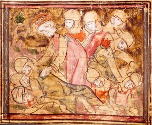 Karol Wielki (742-814) odnajduje ciało swojego siostrzeńca Rolanda, który zginął w bitwie pod Roncesvaux Miniature z „” Grandes Chronicles de France”” 1375-1379 Biblioteka Miejska, Castres autorstwa Unknown artist