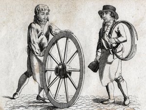 Charron z kołem wozu i uczniem grawerowania pod koniec XVIII wieku. autorstwa Unknown artist