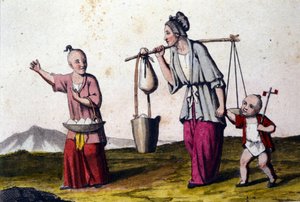 Chiny. Kobieta niosąca wodę w towarzystwie dwójki dzieci, duże niosło kosz ryżu. Druki z XIX wieku. autorstwa Unknown artist