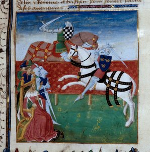 Rycerski turniej pomiędzy Tristanem a Palamede. Miniatura zaczerpnięta z rękopisu „Powieść o Tristanie” pt. Mistrz Karol z Maine autorstwa Unknown artist