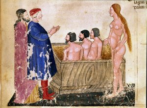 Krąg Adulatorów: Dante i Virgil spotykają Alessio Interminelli (lub Intermineii), Lorda Lucca i prostytutkę Thais. Podświetlana strona ilustrująca osiemnastą pieśń piekła z „Divina Commedia” Dantego Alighieri (1265-1321). XIV wiek, Wenecja, autorstwa Unknown artist