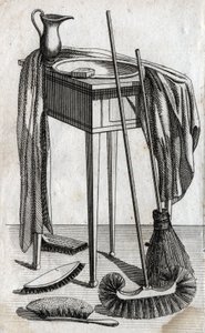 Akcesoria do czyszczenia i czyszczenia: mydło, umywalka, miotła i szczotki. Grawerowanie końca XVIII wieku. Prywatna kolekcja. autorstwa Unknown artist