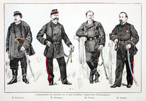Dowódcy zmobilizowanych sił pokojowych (inspektorzy dywizji), od lewej do prawej: pan Foucault, pan Giobergia, pan Vassal, pan Archer. Akwaforta kolorowa, dla ilustracji książka „Historia Korpusu Sił Pokojowych” wydana pod patronatem autorstwa Unknown artist