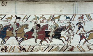 Podbój Anglii przez księcia Normandii Wilhelma Zdobywcy (1027-1087) w 1066: początek bitwy pod Hastings Fragment gobelinu z Bayeux lub haftu królowej Matyldy autorstwa Unknown artist