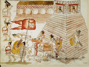 Podbój Meksyku: zniszczenie Tenochtitlan, stolicy imperium Azteków, przez armię konkwistadora Hernana Cortesa (Hernando Corteza) (1485-1547) w dniu 24.06.2015 r.” Miniatura z rękopisu autorstwa Unknown artist