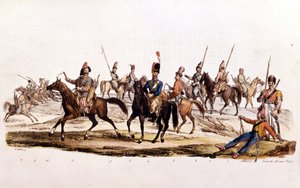 Kozacy: 1. 2. kozacy 3. kozacy dońscy 4¡ Oficjalni kozacy dońscy 5¡ kozak Chernomowskij 6¡ kozacki uralski 7¡ regularny kozacki 8¡ baszkirski 9¡ i 10¡ kalmuk autorstwa Unknown artist