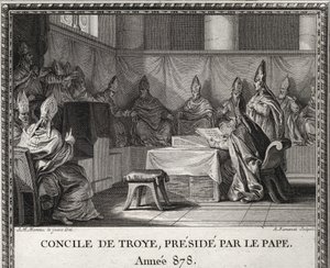 Sobór Trojański 7 września 878. W maju 878 papież Jan VIII, zagrożony przez Saracenów i szlachtę włoską, schronił się w Arles pod rządami księcia Bozona i jego żony Ermengarde. Towarzyszy mu w Troyes lub organizuje wielką radę. autorstwa Unknown artist