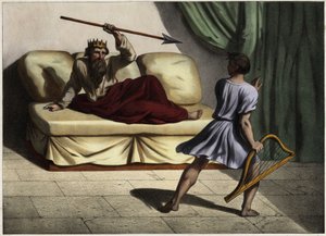 Dawid gra na cytarze przed królem Saulem, aby go przebłagać. Anonimowy rycina z połowy XIX wieku. autorstwa Unknown artist