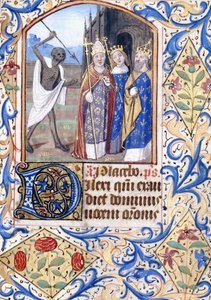 Śmierć z włócznią wskazującą na trzy postacie, papież, król, król i królowa, stojący przed gotyckim kościołem, ok. 1470 autorstwa Unknown artist