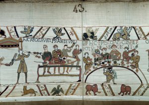 Debarques w Anglii, ramiona Wilhelma Zdobywcy (1027-1087) robią ucztę, czekając na walkę z saską bronią Harolda II. Guillaume jest otoczony przez baronów i Eveque Odon Szczegół gobelinu z Bayeux lub haftu królowej Matyldy autorstwa Unknown artist