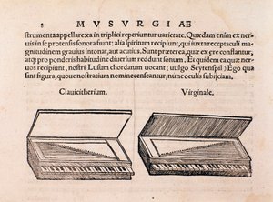 Opis klawesynu i szpinetu. Strona z Musurgii lub praktyki muzycznej autorstwa Unknown artist