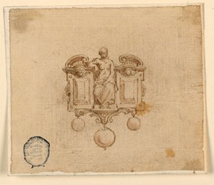 Projekt broszki z kobietą w złamanym pedimet autorstwa Unknown artist