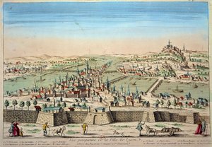 Szczegółowy widok miasta Lyon nad brzegiem Rodanu i Saony. Rycina XVII-wiecznego Paryża B.N. autorstwa Unknown artist