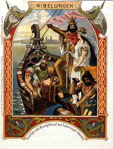 Die Nibelungen, opera skomponowana przez Heinricha Dorna (1804-1892) w 1854 roku, niemieckiego dyrygenta i kompozytora. chromolitografia z XIX wieku. autorstwa Unknown artist