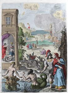 Różne metamorfozy, na pierwszym planie Scylla i zakochany w niej morski bóg Glaucos, w tle powieszony Iphis odrzuca Anaxarete. Ilustracja zaczerpnięta z księgi XIV „Metamorfozy” (Metamorfosi) Ovide