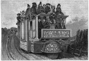 Trzykołowy samochód mechaniczny doktora Ghurcha zbudowany w Birmingham w 1833 roku. Włoskie ryciny z XIX wieku. autorstwa Unknown artist