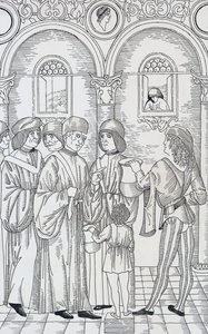 Lekarz badający mocz pacjentów, drzeworyt autorstwa Unknown artist