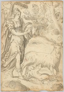 Rysunek: A) Rhea i niemowlę Jowisz. B) Św. Franciszek z Asyżu autorstwa Unknown artist