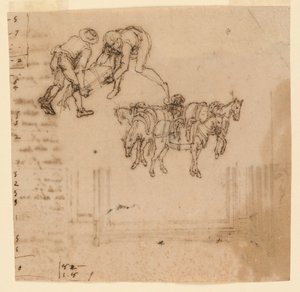 Rysunek: A) Dwóch mężczyzn niosących kufer; cztery muły z kierowcą. B) Projekt na ramę autorstwa Unknown artist