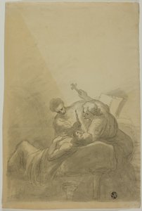 Umierający mężczyzna w towarzystwie dwóch postaci trzymających świecę, książkę i krzyż autorstwa Unknown artist